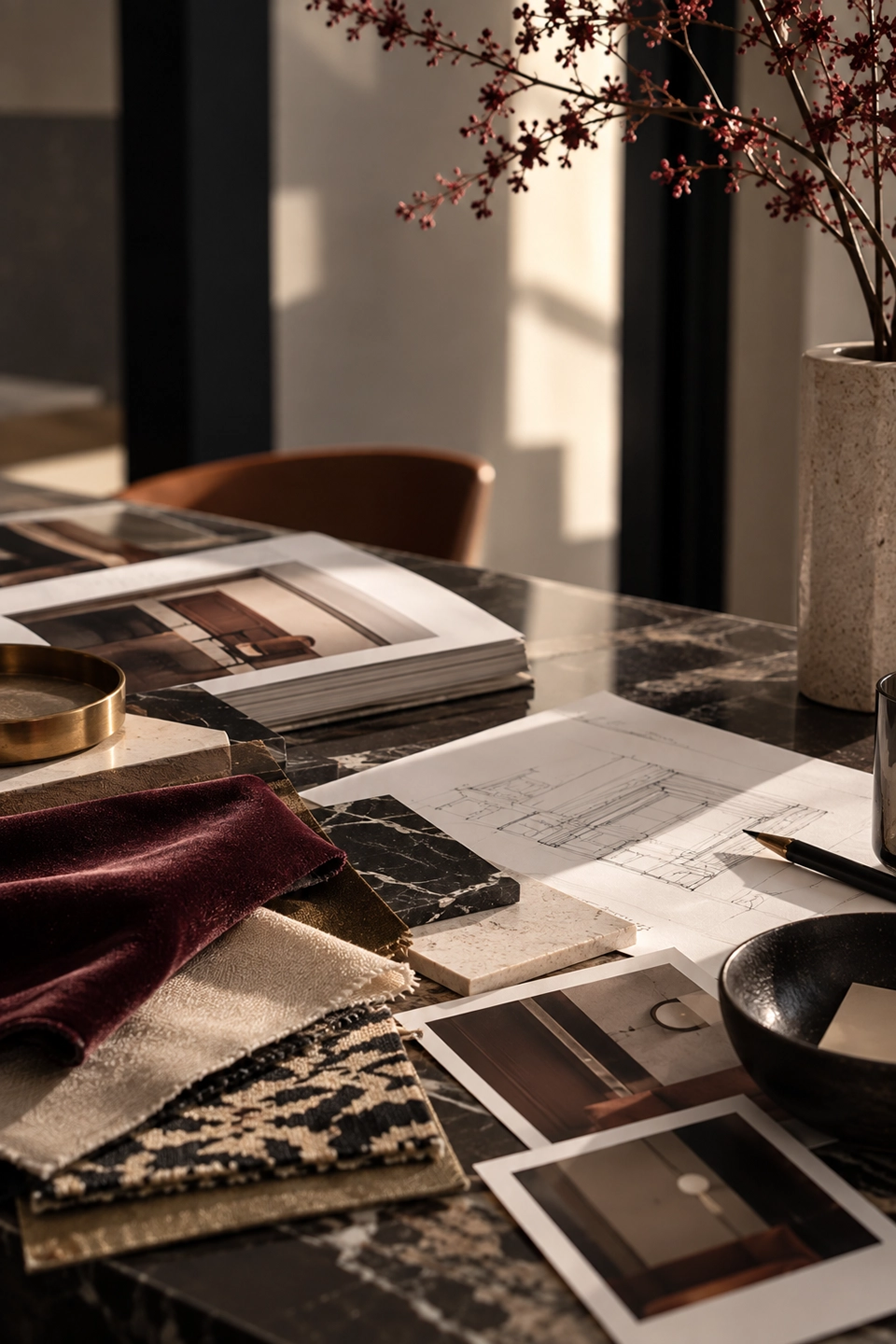 Matières, plans et objets sur une table de travail Milim