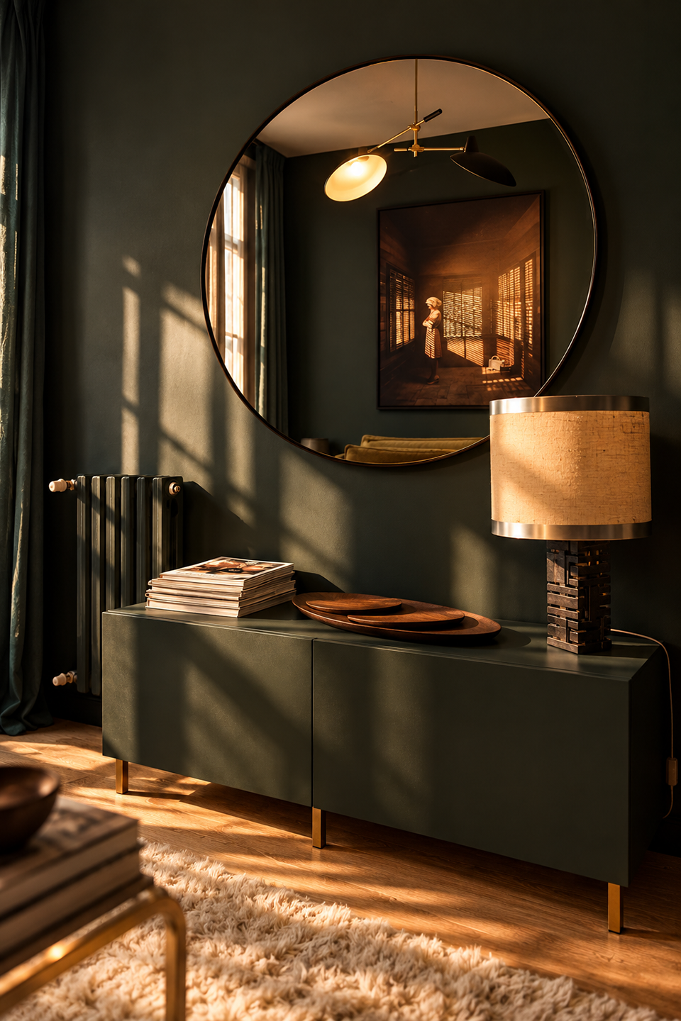 Miroir rond et lampe sur le meuble vert