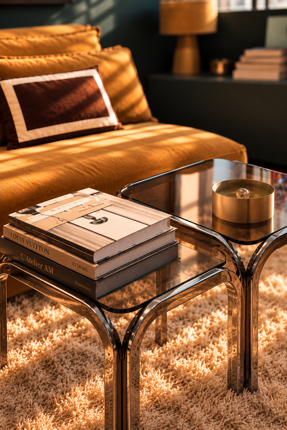 Livres et table basse en chrome devant le canapé