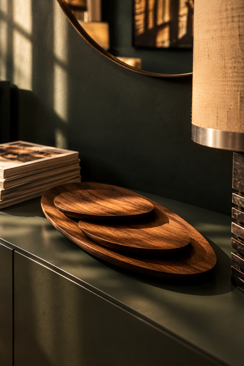 Plateaux en bois et lampe sous le miroir