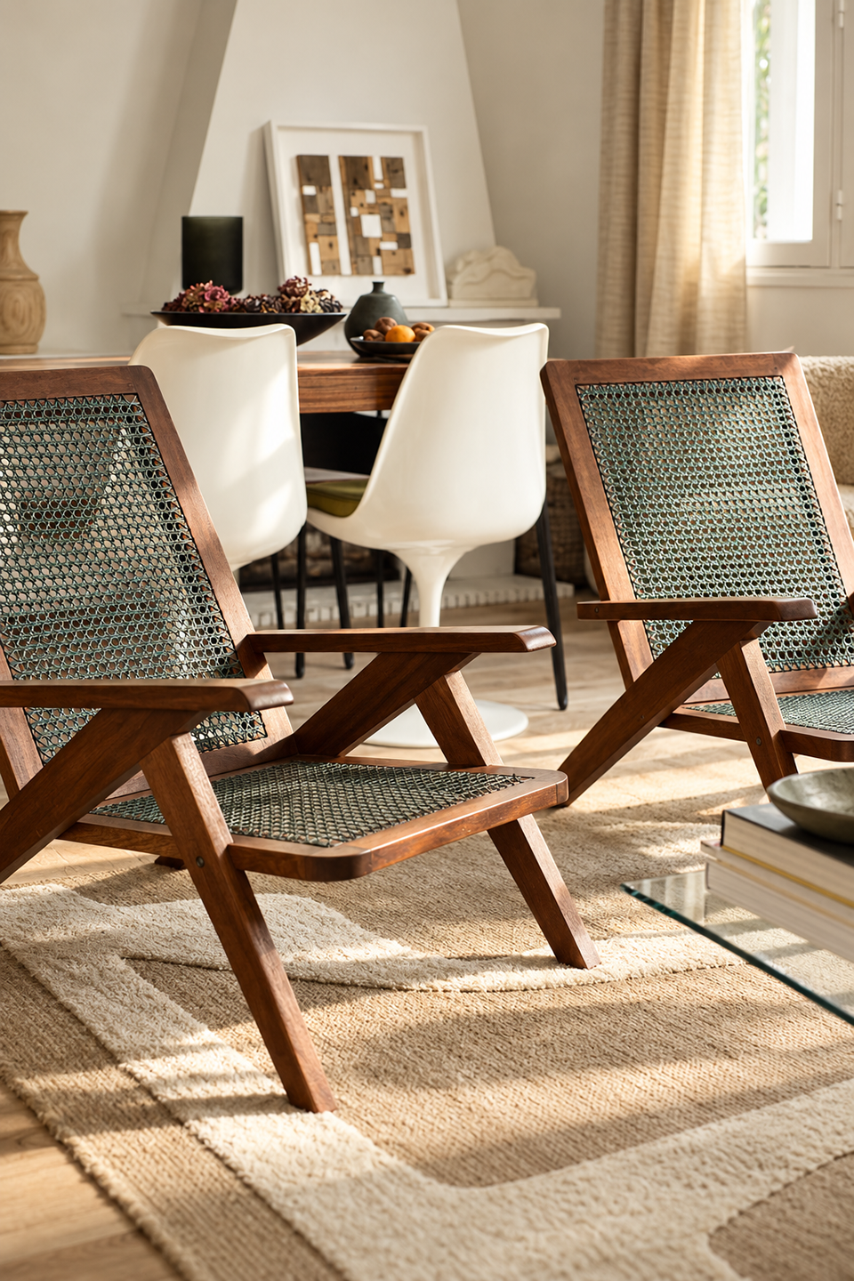 Fauteuils en bois et cannage