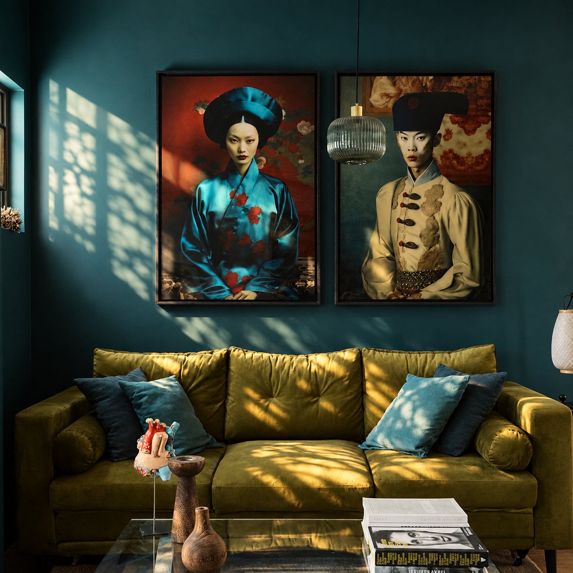 Vue du salon, velours vert et portraits sur un mur bleu profond