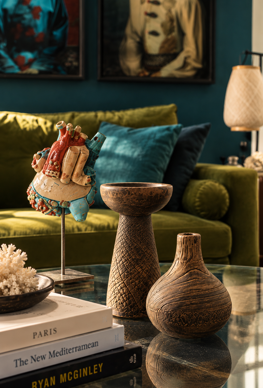 Objets et vases devant les coussins du canapé
