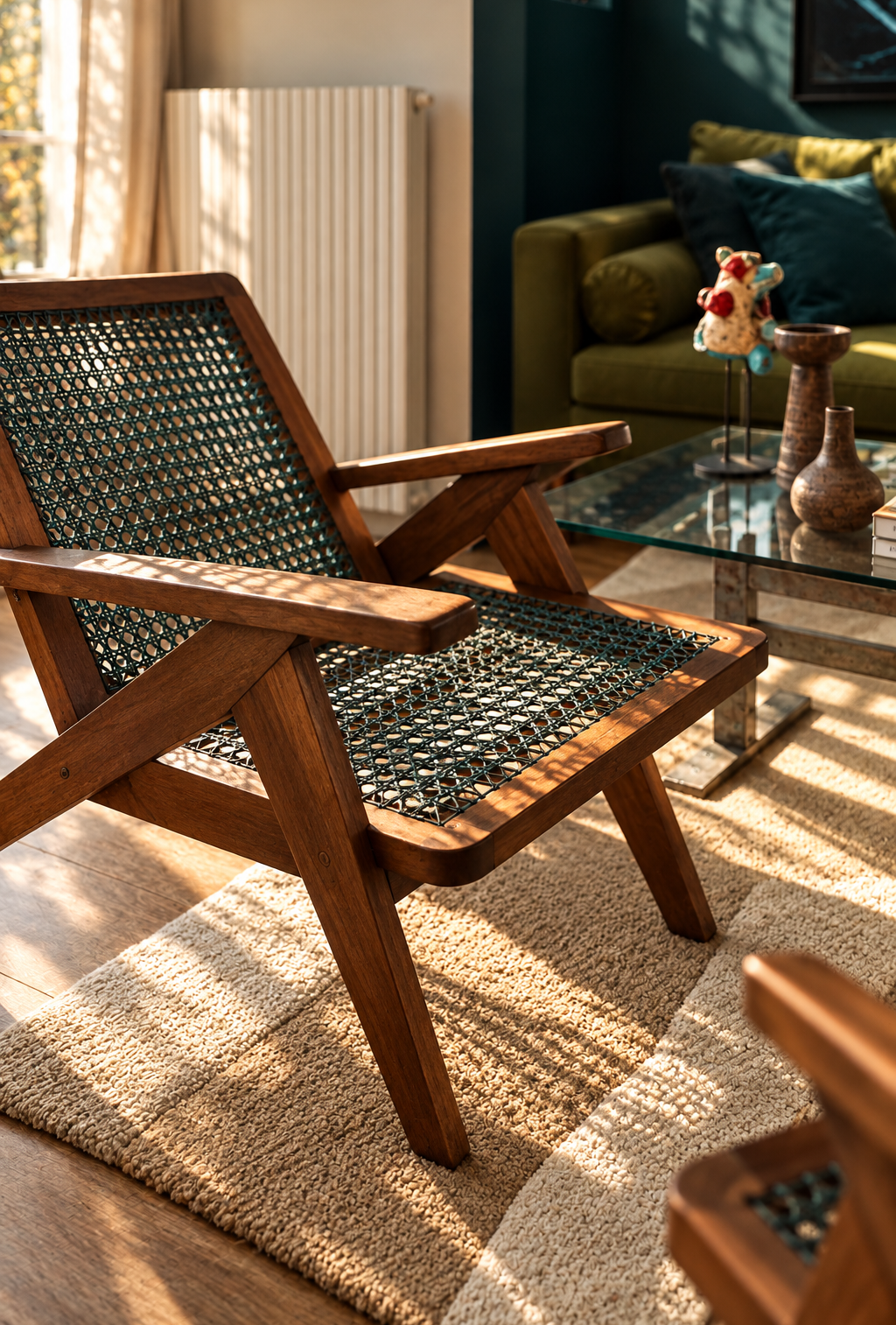 Fauteuil en bois et cannage dans la lumière