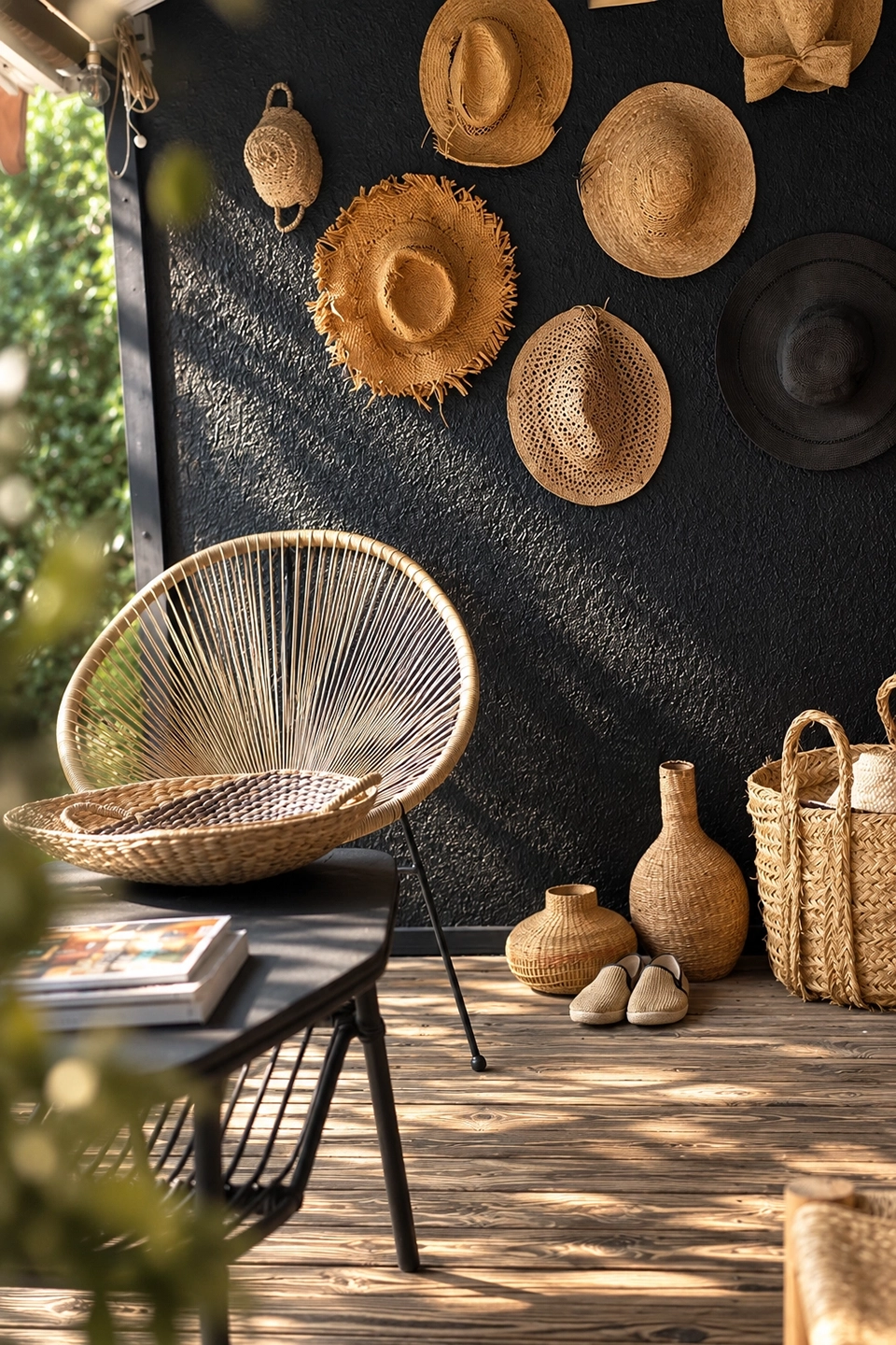 Terrasse, fauteuil et collection de chapeaux