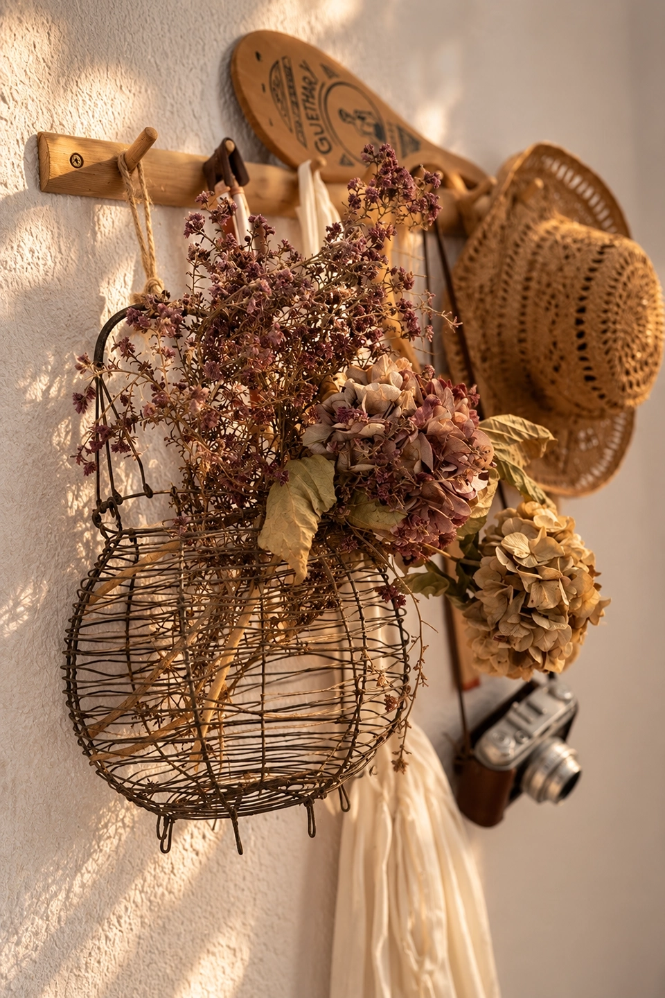 Fleurs séchées et paniers suspendus