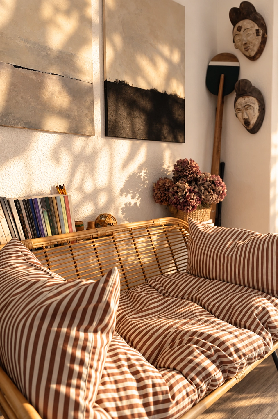 Fauteuil rayé et tableaux
