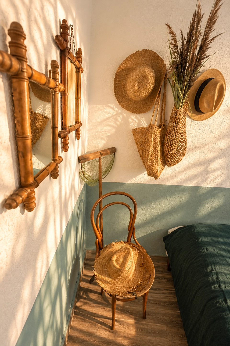Chapeaux et miroir en bambou