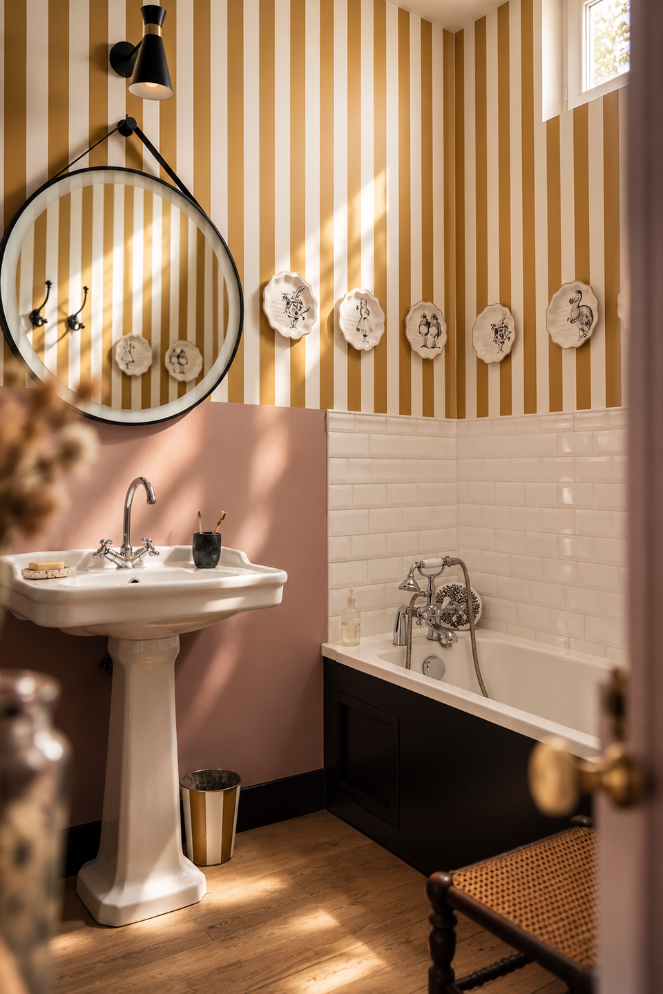 Lavabo, miroir et baignoire dans la salle de bain
