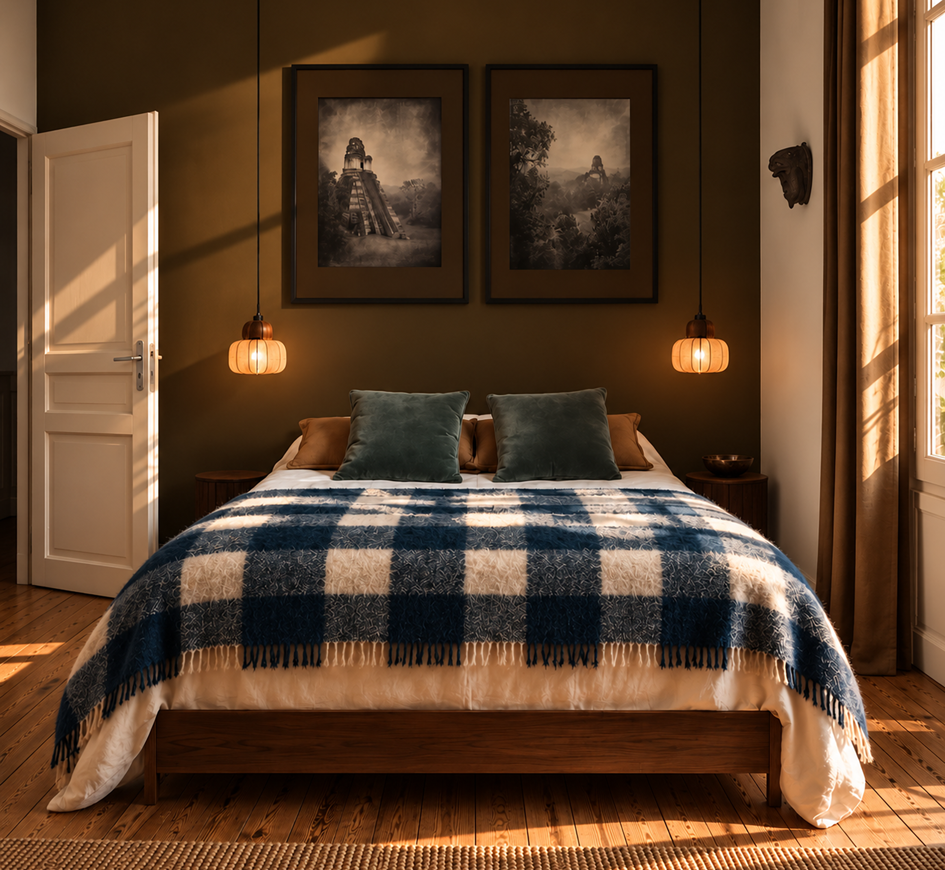 Vue de la chambre, lit et portraits dans la lumière du soir