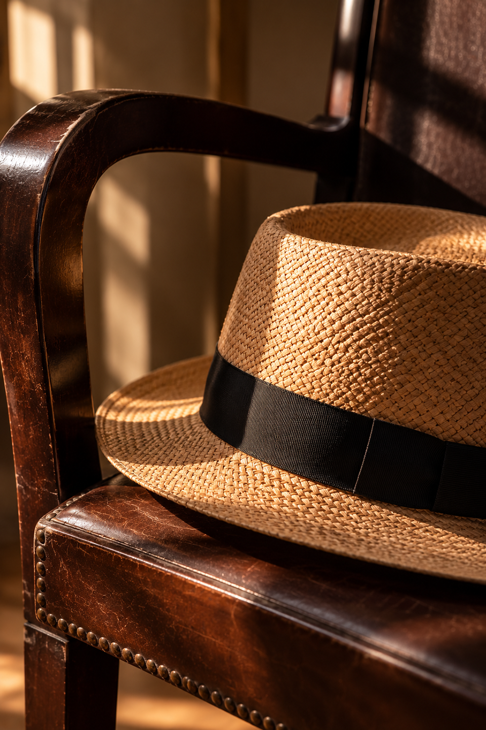 Chapeau de paille sur un fauteuil en bois