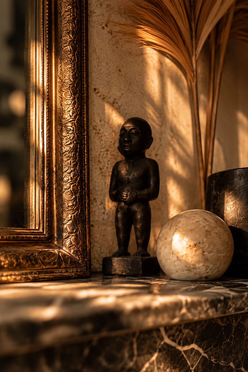 Statuette et objets sur la cheminée