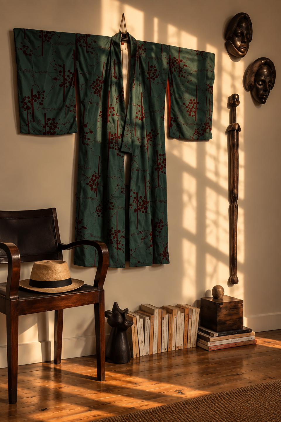 Kimono, masques et livres près du fauteuil