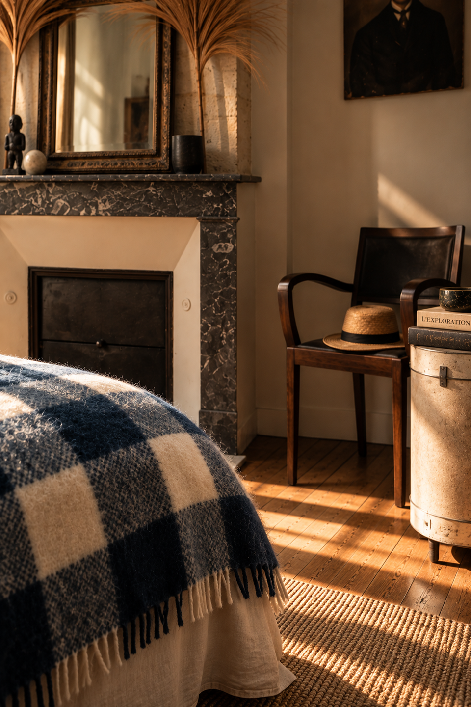Fauteuil et cheminée dans la chambre