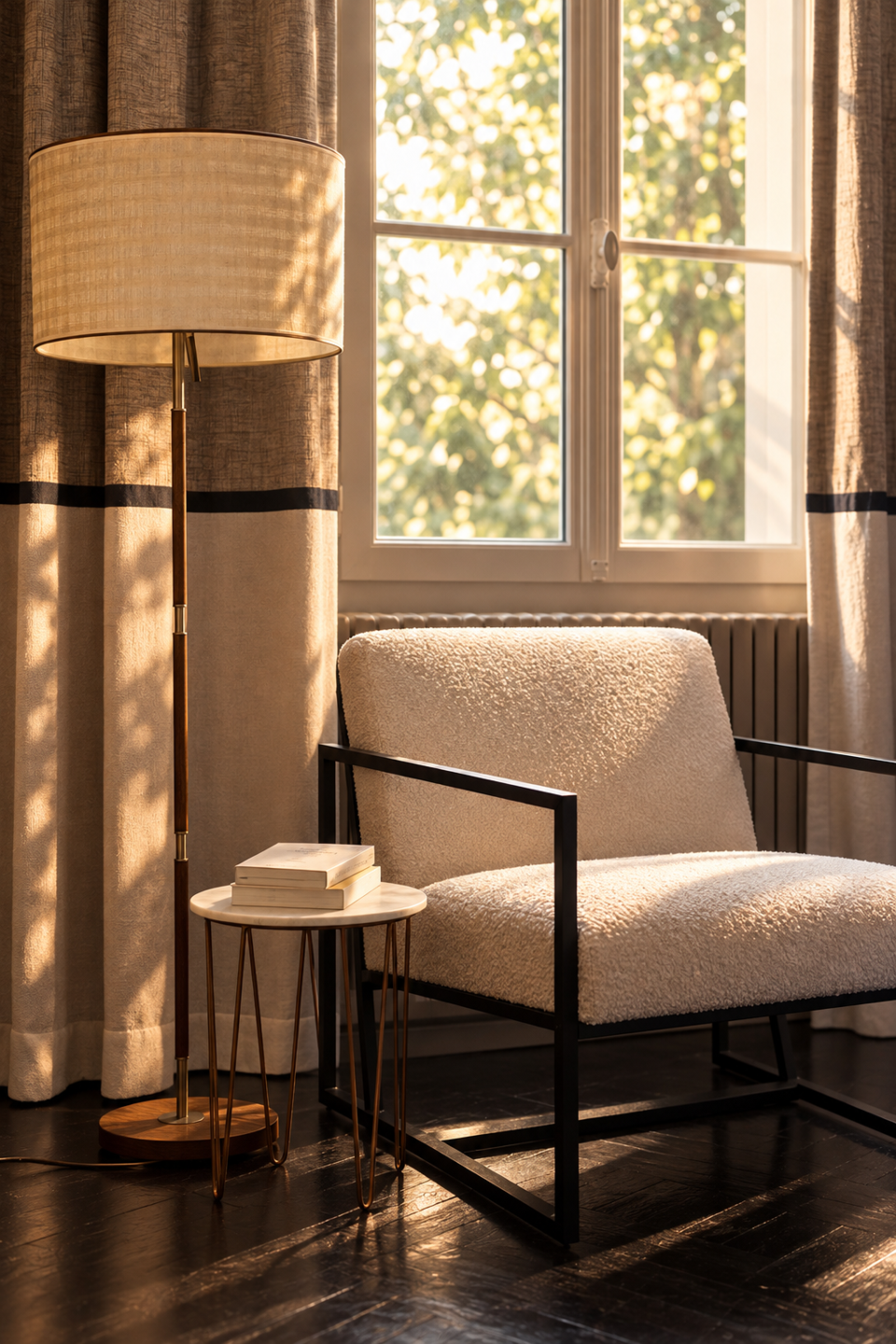 Fauteuil et lampadaire près de la fenêtre