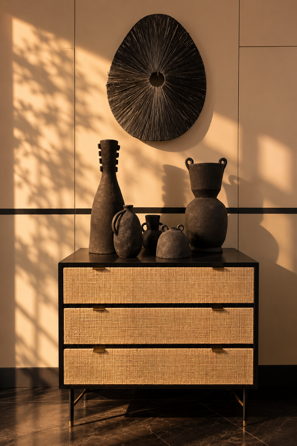 Commode, jarres et raphia noir